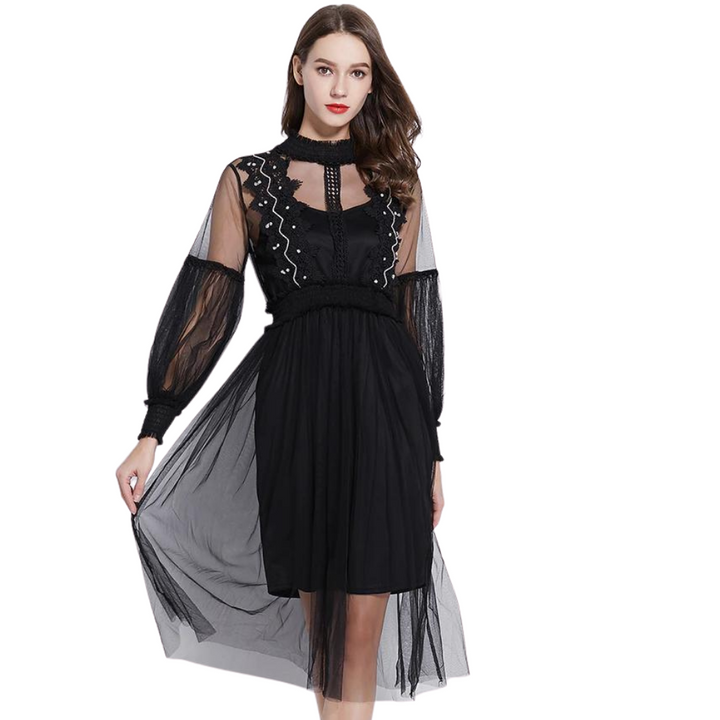 Vestido Manga Longa Tule Preto