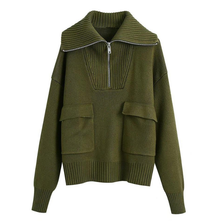 Suéter Tricot Com Bolsos Verde Exército