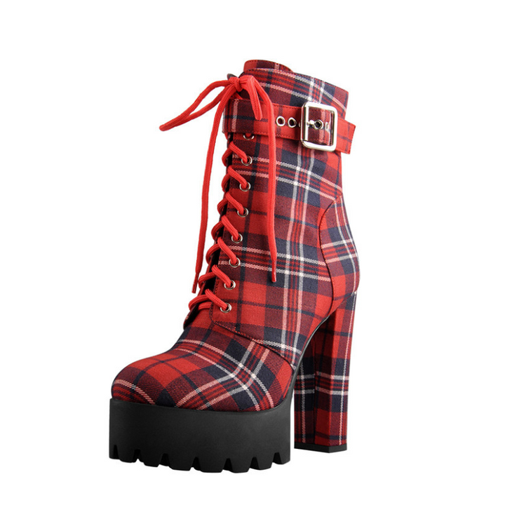 Bota Coturno Cano Baixo Salto Bloco Xadrez Vermelha - Poderosa