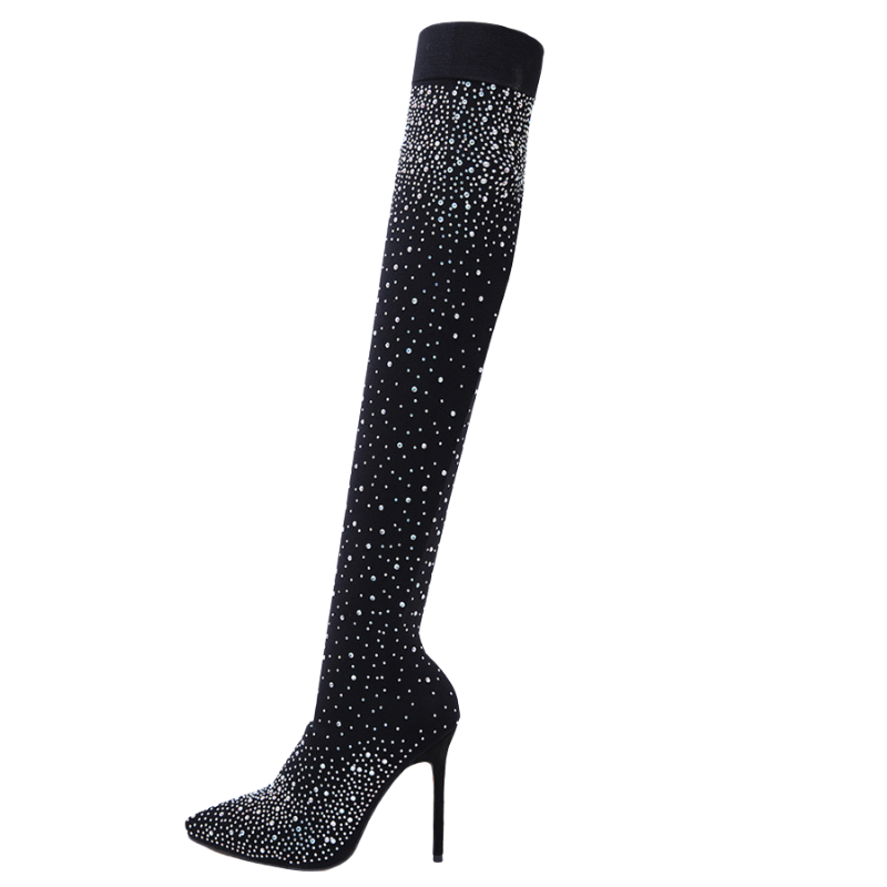 Bota Over The Knee Stretch Com Cristais Preta - Poderosa