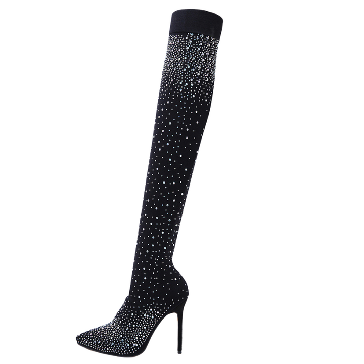 Bota Over The Knee Stretch Com Cristais Preta - Poderosa