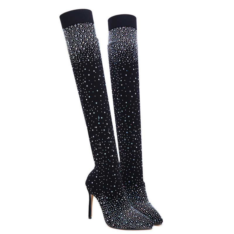 Bota Over The Knee Stretch Com Cristais Preta - Poderosa