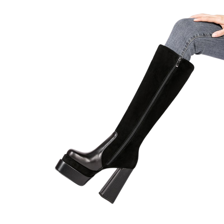 Bota Cano Alto Plataforma Salto Bloco Preta - Poderosa