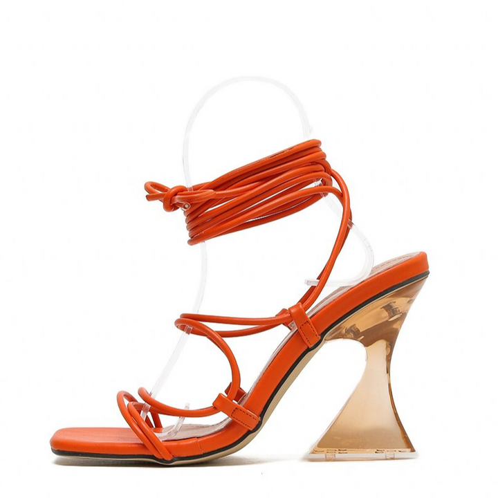 Sandália Salto Acrílico Amarração Laranja