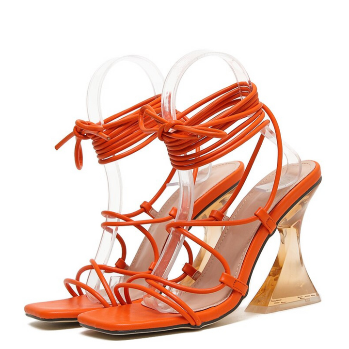 Sandália Salto Acrílico Amarração Laranja