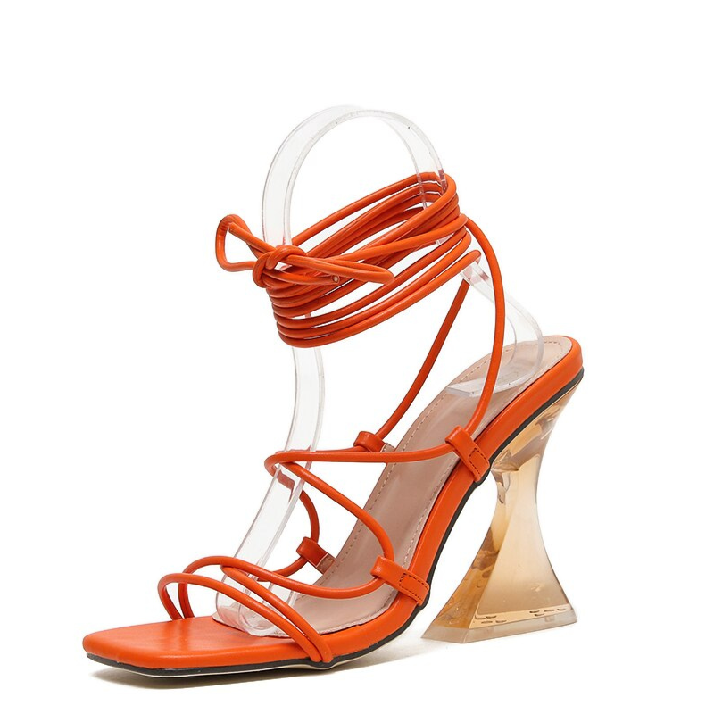 Sandália Salto Acrílico Amarração Laranja