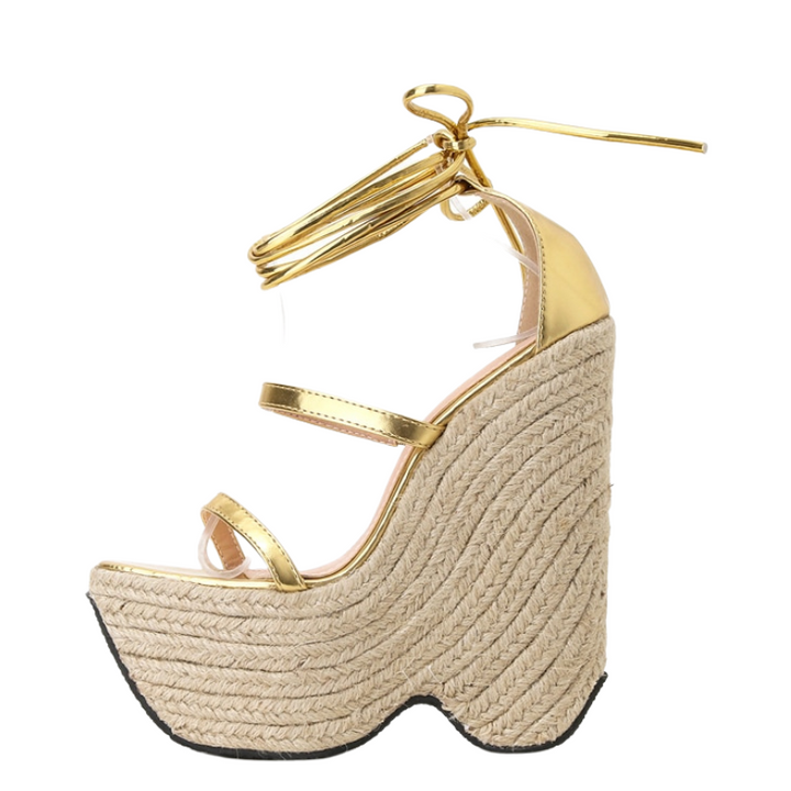 Sandália Espadrille Salto Alto Dourado