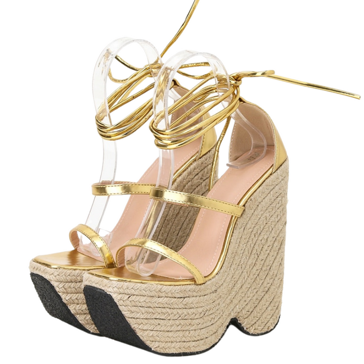 Sandália Espadrille Salto Alto Dourado