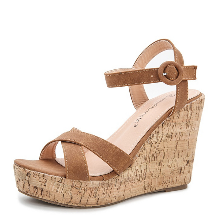 Sandália Tiras Cruzadas Salto Cortiça Marrom