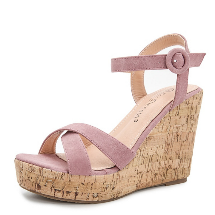 Sandália Tiras Cruzadas Salto Cortiça Rosa