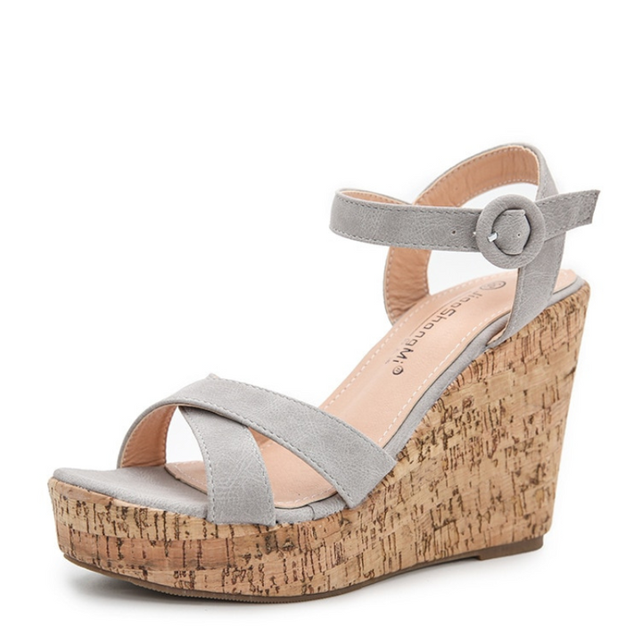 Sandália Tiras Cruzadas Salto Cortiça Cinza