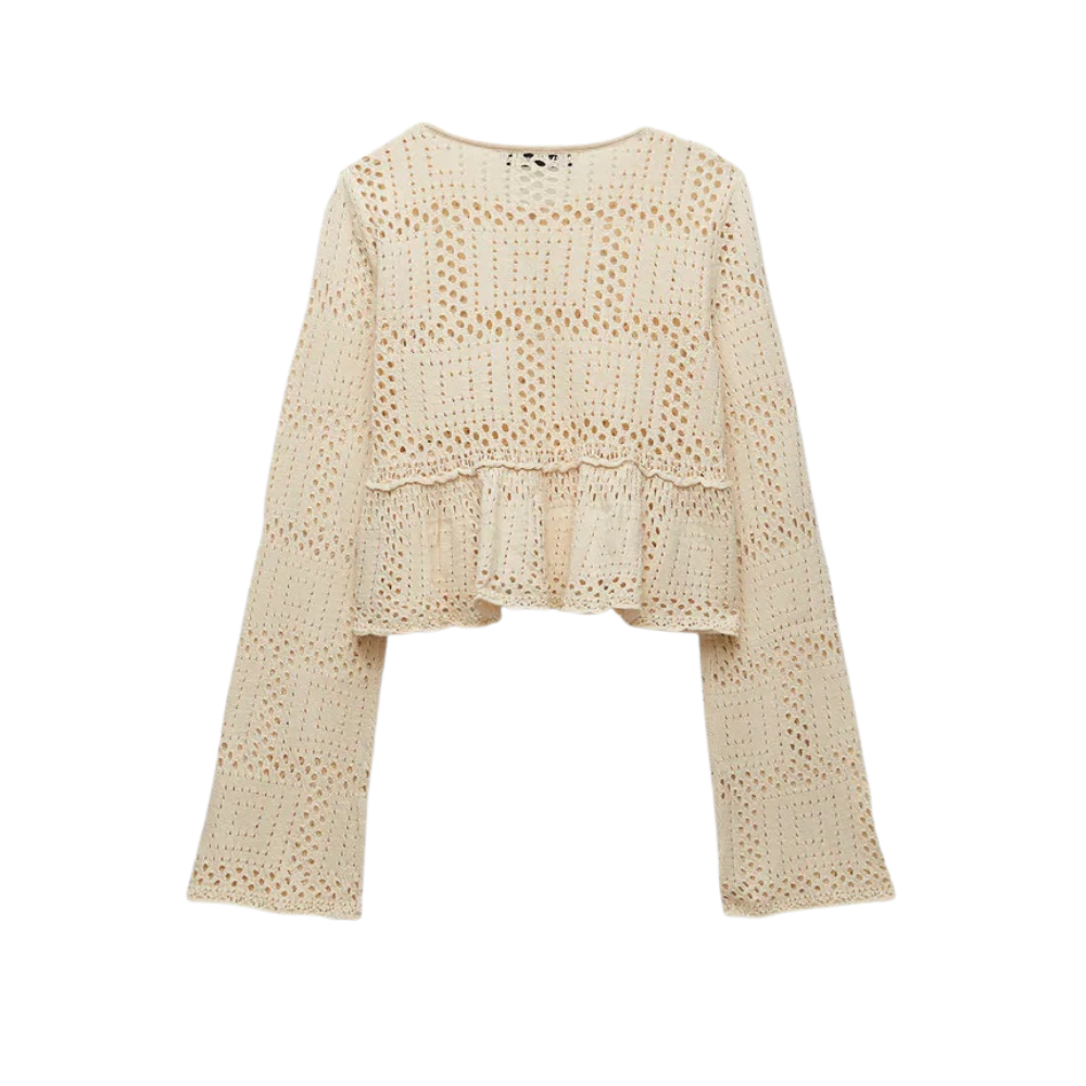 Blusa Cropped Crochet Com Manga Flare