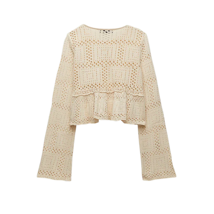 Blusa Cropped Crochet Com Manga Flare