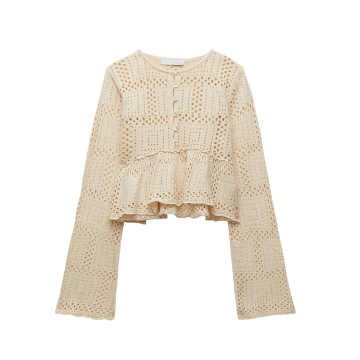 Blusa Cropped Crochet Com Manga Flare