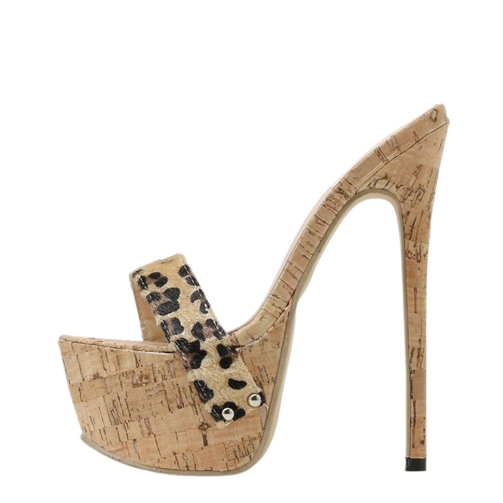 Sandália Mule Salto Cortiça Leopardo