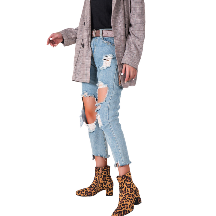 Ankle Boot Salto Bloco Onça Com Zíper