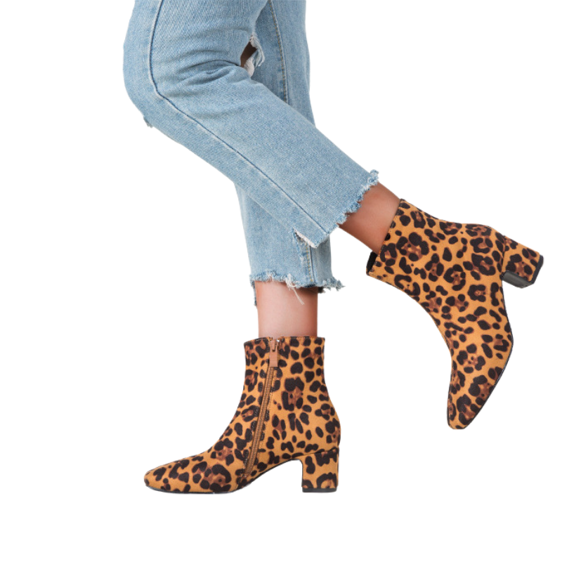 Ankle Boot Salto Bloco Onça Com Zíper