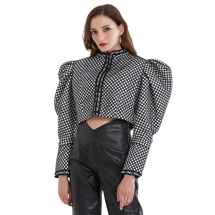 Blusa Cropped Manga Bufante Xadrez