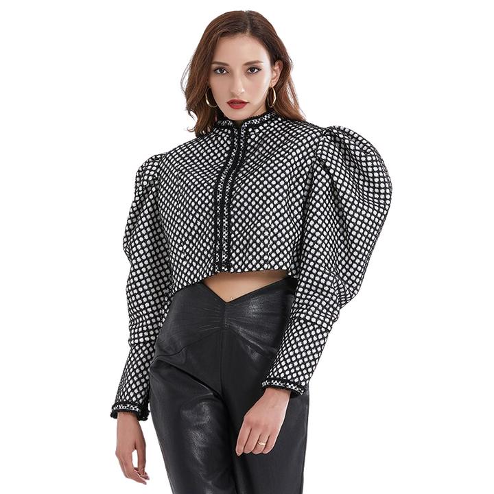 Blusa Cropped Manga Bufante Xadrez