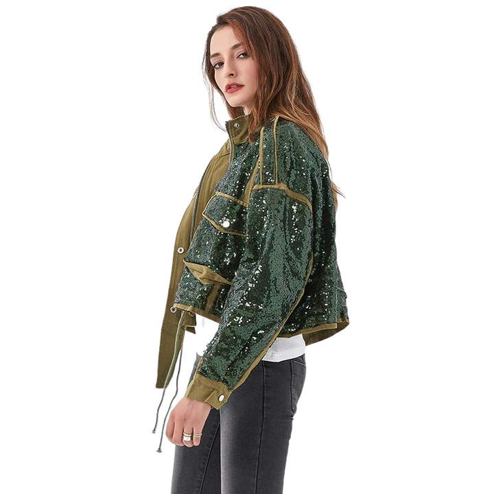 Jaqueta Cropped Militar Glam Com Paetês
