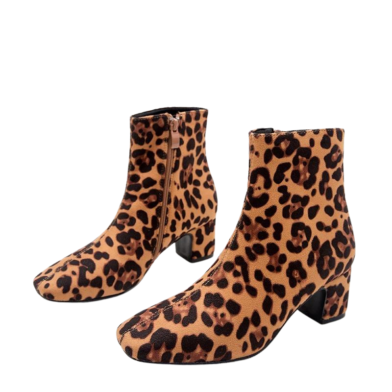Ankle Boot Salto Bloco Onça Com Zíper