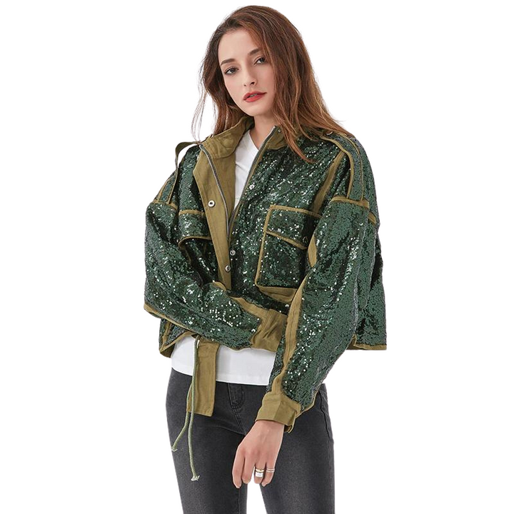 Jaqueta Cropped Militar Glam Com Paetês