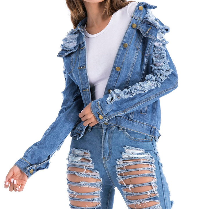 Jaqueta Jeans Feminina Destroyed Azul
