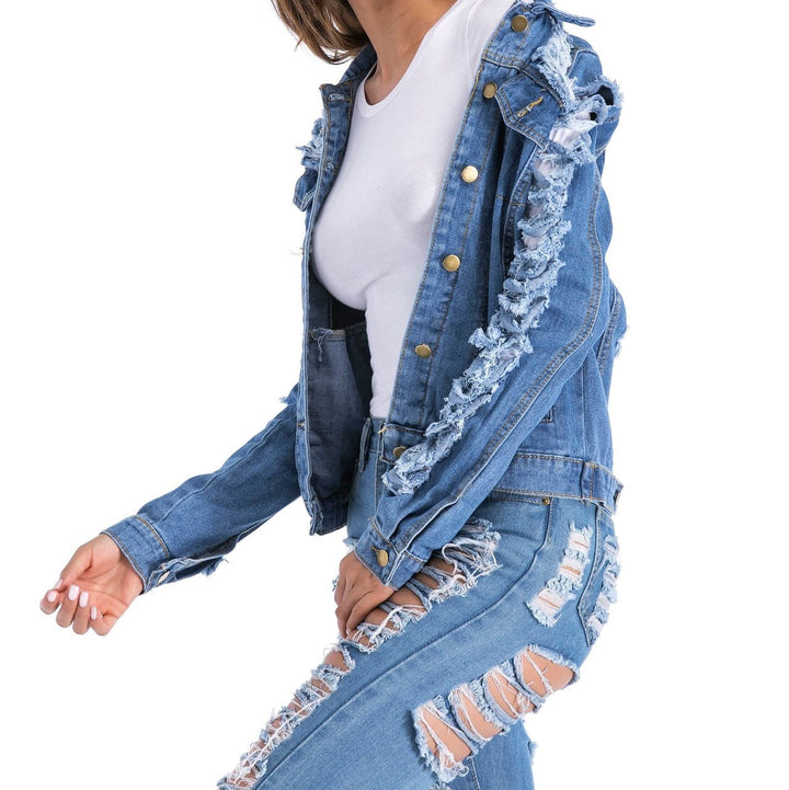 Jaqueta Jeans Feminina Destroyed Azul